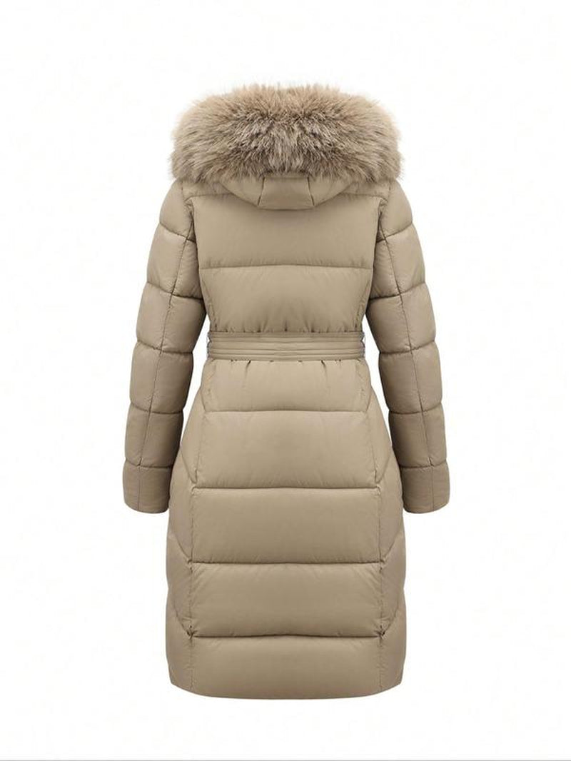 Women'S Fall Winter Hooded Jacket, Casual Fitted Warm Coat with Belt, Long Sleeve Thick Woven Fabric, Daily Wear Outerwear