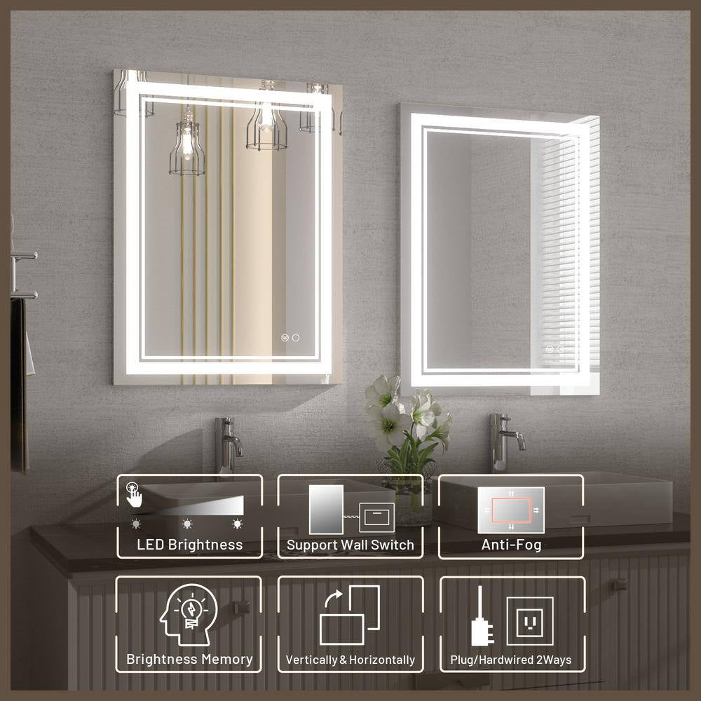 20 In. W X 28 In. H Rectangular Frameless Anti-Fog LED Wall Mount Bathroom Vanity Mirror Dimmable Super Bright