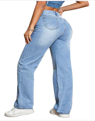Casual High Waist Loose Fit Denim Trousers