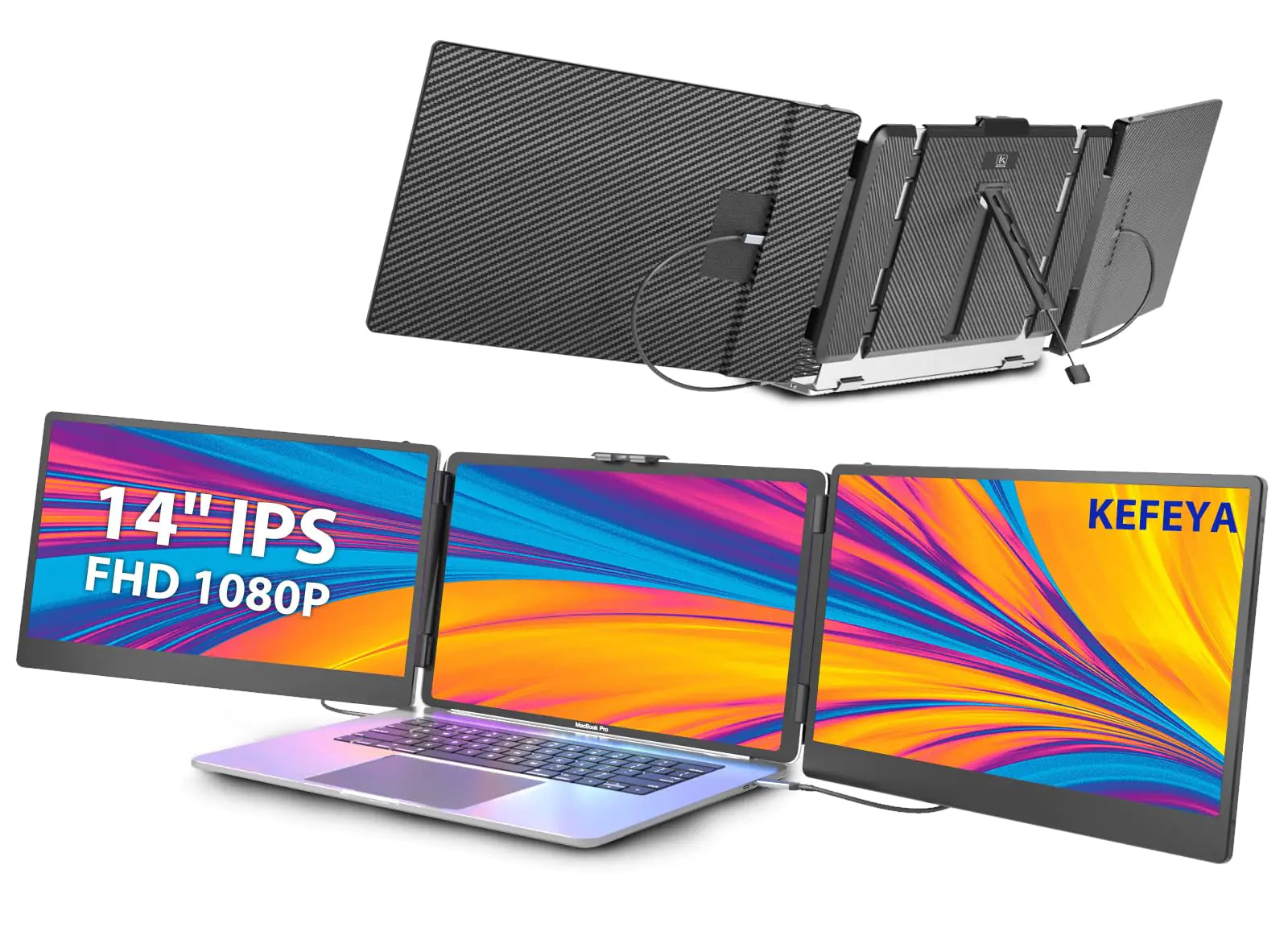 KEFEYA Laptop Screen Extender 14" Portable Monitor for Laptop 1080P FHD Triple Screen Laptop Monitor Extender for 13"-17" Laptop HDMI/USB-C for MacBook Windows Chrome Switch PS5 Plug & Play