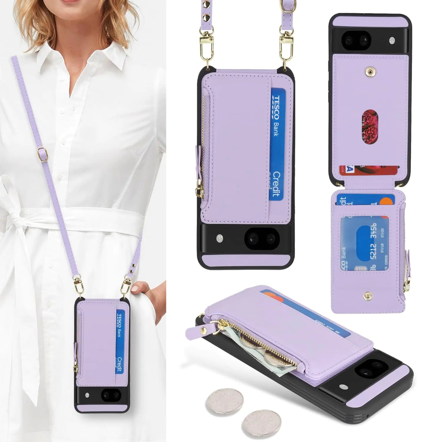 Cavor for Google Pixel 8 Case Wallet,Phone Case for Pixel 8 Crossbody Case with Strap,Pixel 8 Wallet Case for Women,Leather Zipper Pocket Card Holder Case-Cream