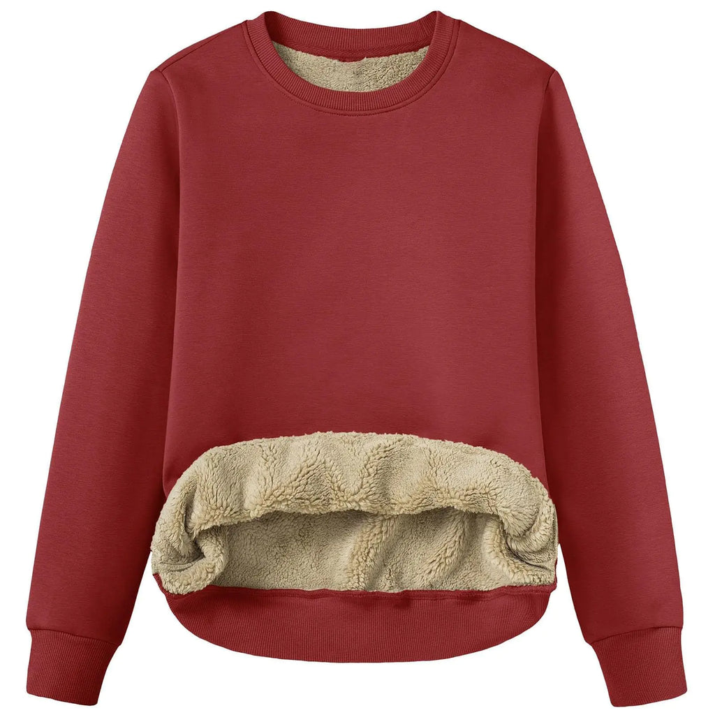 Womens Winter Warm Fleece Sherpa Lined Sweatshirts Casual Crewneck Long Sleeve Pullover Sweatshirt Clothes Tops Wine Red
