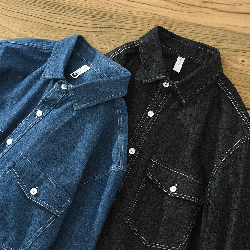 Men's Vintage Cotton Long Sleeve Denim Shirt with Pockets