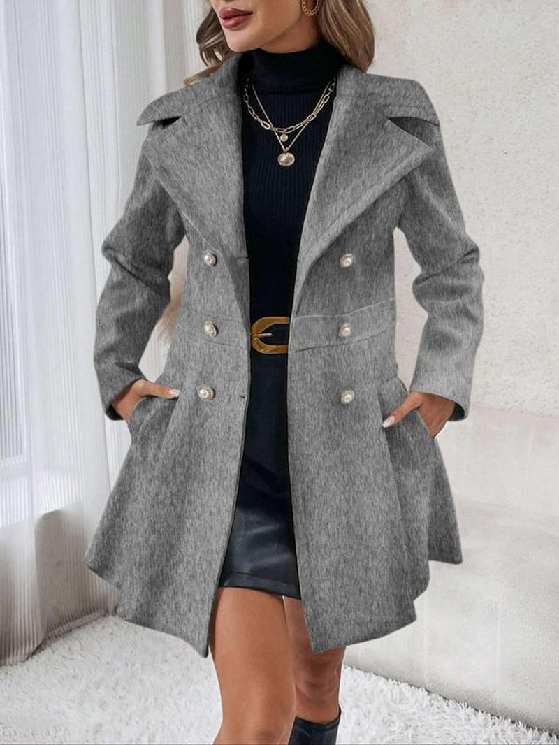 Women'S Solid Color Double Button Lapel Coat, Elegant Fashion Long Sleeve Pocket Design Coat for Daily Outdoor Wear, Women Clothing for Fall & Winter