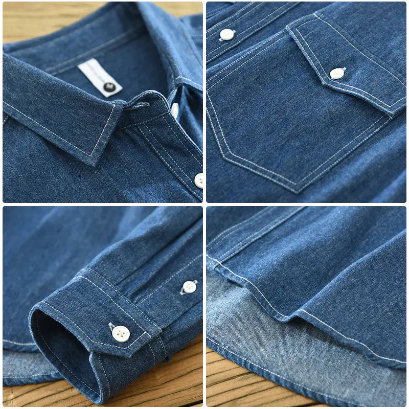 Men's Vintage Cotton Long Sleeve Denim Shirt with Pockets
