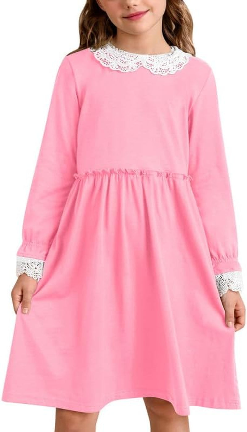 Girl'S Lace Peter Pan Collar Elastic Waist Long Sleeve Swing Dress 1-10 Years