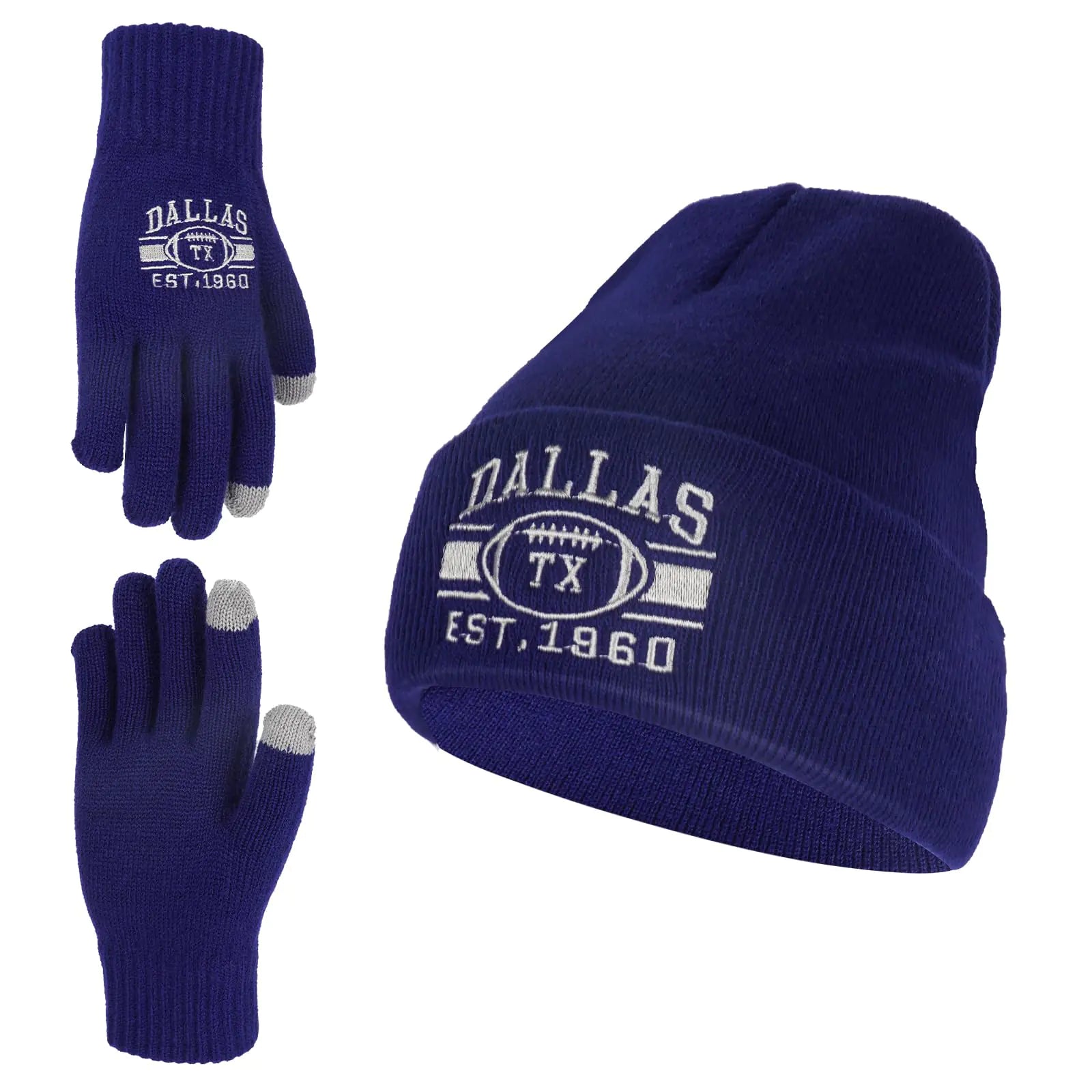 Classic City Football Fans Beanie Hat Embroidery Skull Cap Vintage Cuffed Knit Winter Hat with Warm Gloves Gifts for Men Women(DallasNavy Blue)