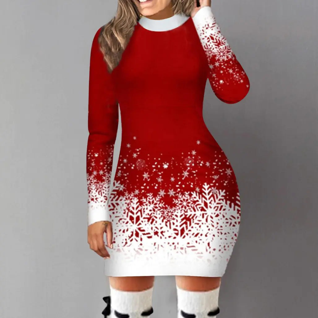 European American Christmas Printed Long Sleeve Dress