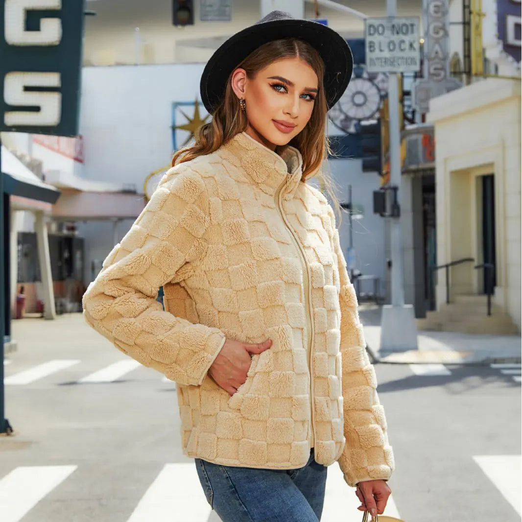 Autumn Winter Women's Loose Plaid Fleece Jacket