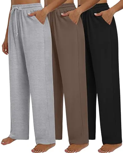 Neer 3 Pack Womens Baggy Sweatpants with Pockets Wide Leg Yoga Pants Cozy Thick Lounge Pants Drawstring Casual Loose Jogger(SmallGray Brown Black)