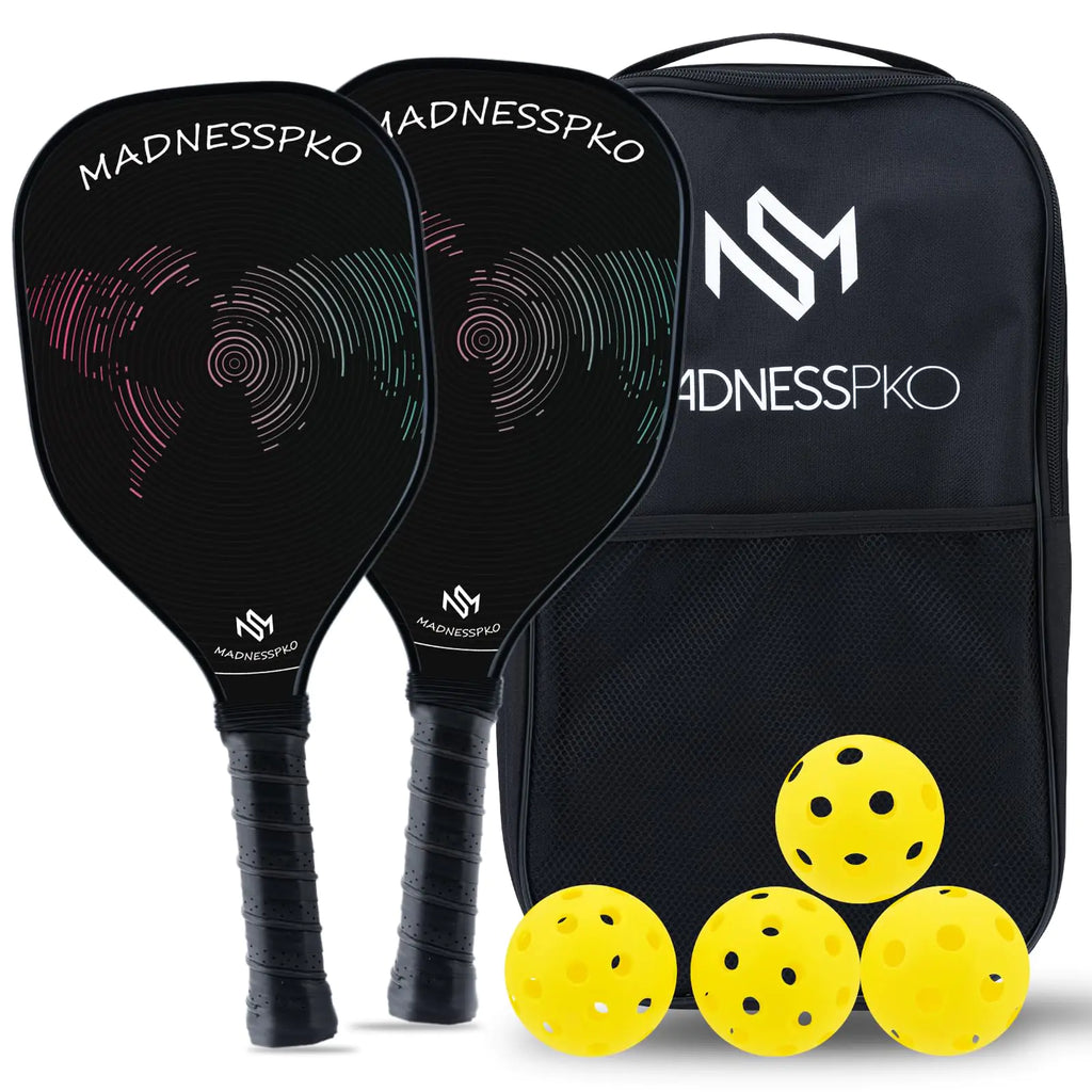 MadnessPKO Graphite Pickleball Paddles Set- Premium Rackets Fiber Face & Polymer Honeycomb Core Pickleball Set Includes 2 Pickleball Paddles + 4 Pickleball Balls + 1 Bag (Black)