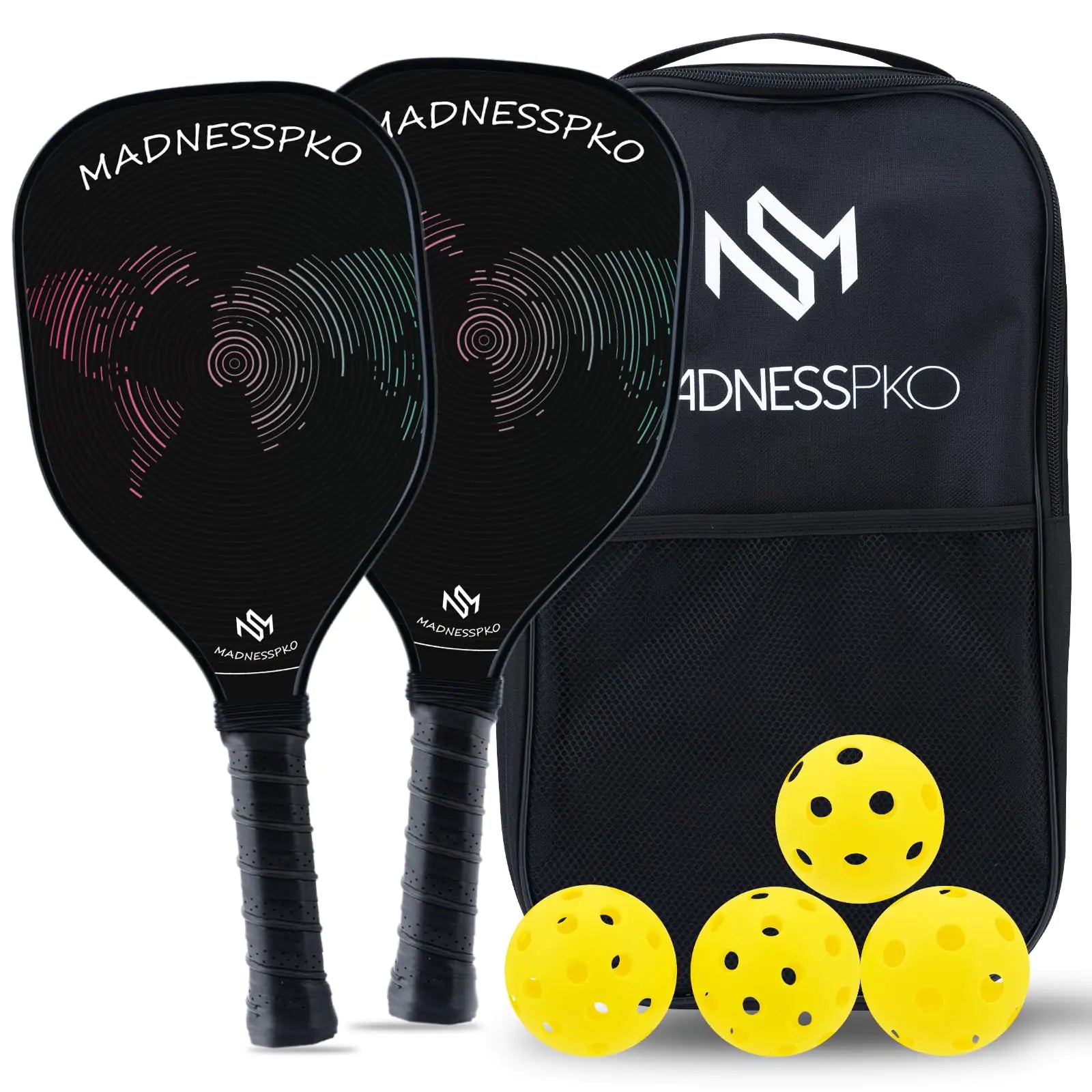 MadnessPKO Graphite Pickleball Paddles Set- Premium Rackets Fiber Face & Polymer Honeycomb Core Pickleball Set Includes 2 Pickleball Paddles + 4 Pickleball Balls + 1 Bag (Black)