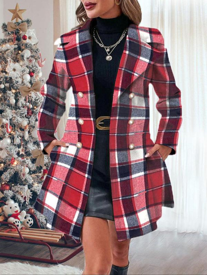 Women'S Solid Color Double Button Lapel Coat, Elegant Fashion Long Sleeve Pocket Design Coat for Daily Outdoor Wear, Women Clothing for Fall & Winter