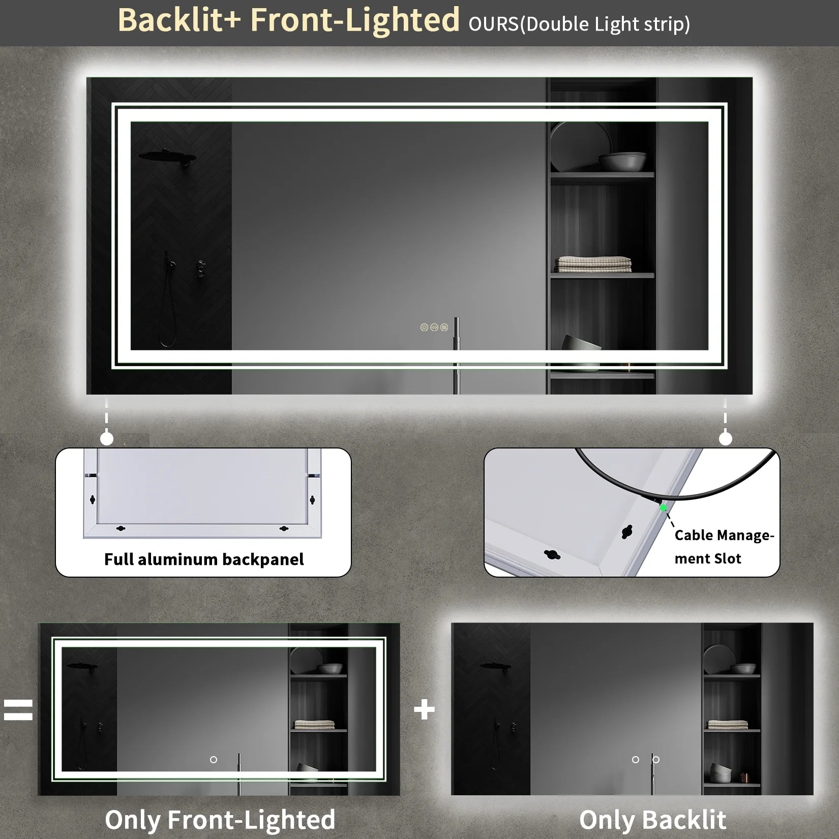 39X24In Extra Large LED Bathroom Mirror Anti-Fog Wall Mounted Vanity Mirror Backlit Light