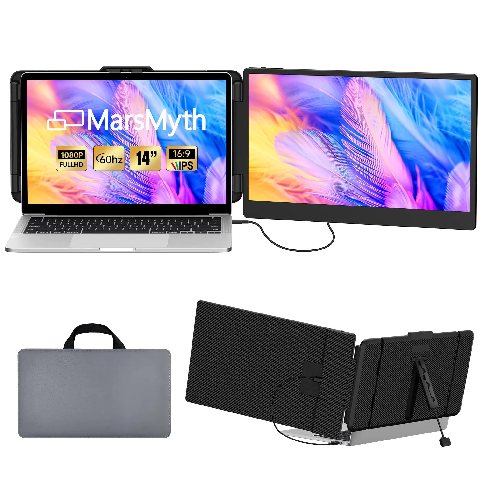 MarsMyth S1 Laptop Screen Extender - 14 Laptop Monitor Extender Dual Screen 1080P FHD Portable Monitor for 13-17 Laptops Plug & Play Compatible with Windows/Mac/PS5/Android/Switch/Mac
