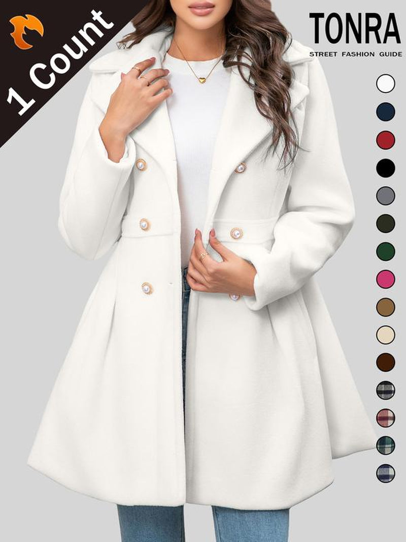 Women'S Solid Color Double Button Lapel Coat, Elegant Fashion Long Sleeve Pocket Design Coat for Daily Outdoor Wear, Women Clothing for Fall & Winter