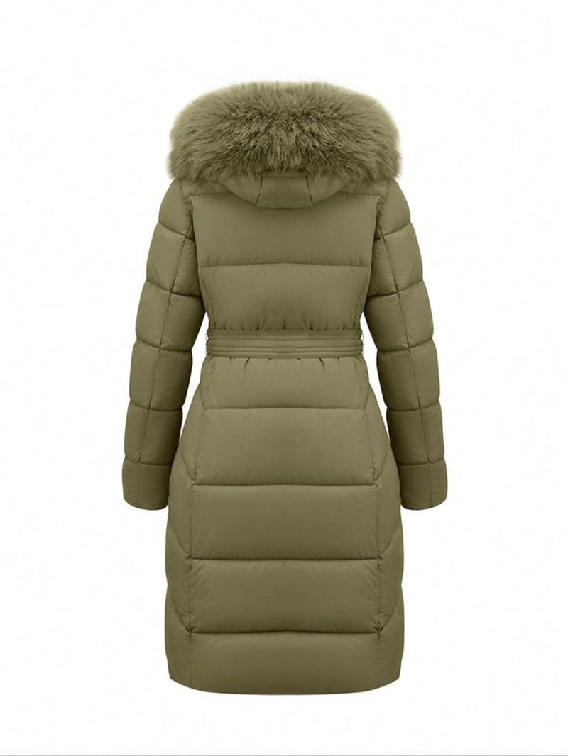 Women'S Fall Winter Hooded Jacket, Casual Fitted Warm Coat with Belt, Long Sleeve Thick Woven Fabric, Daily Wear Outerwear