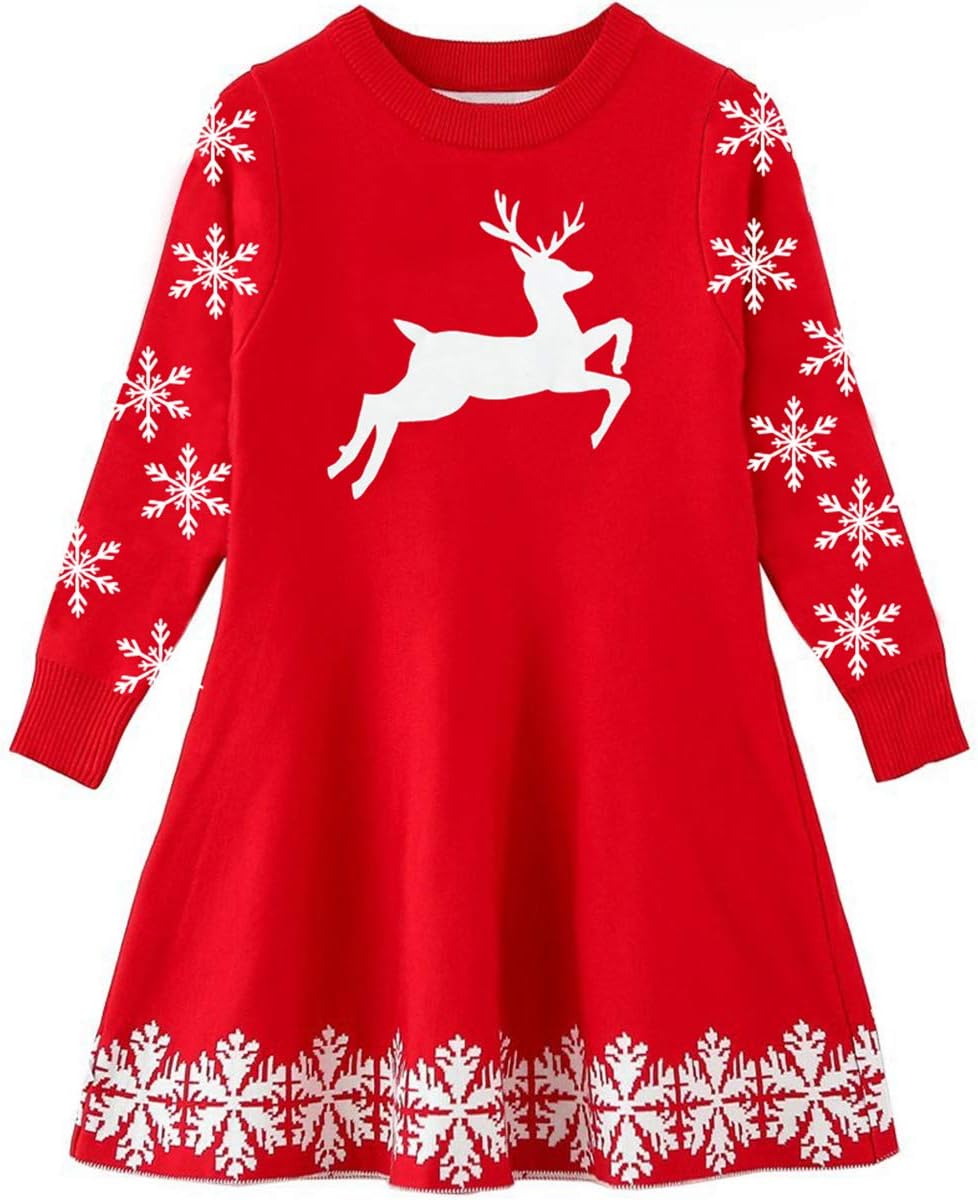Little Girls Christmas Dress Xmas Knitted Sweater Dress Long Sleeve 2-11Y