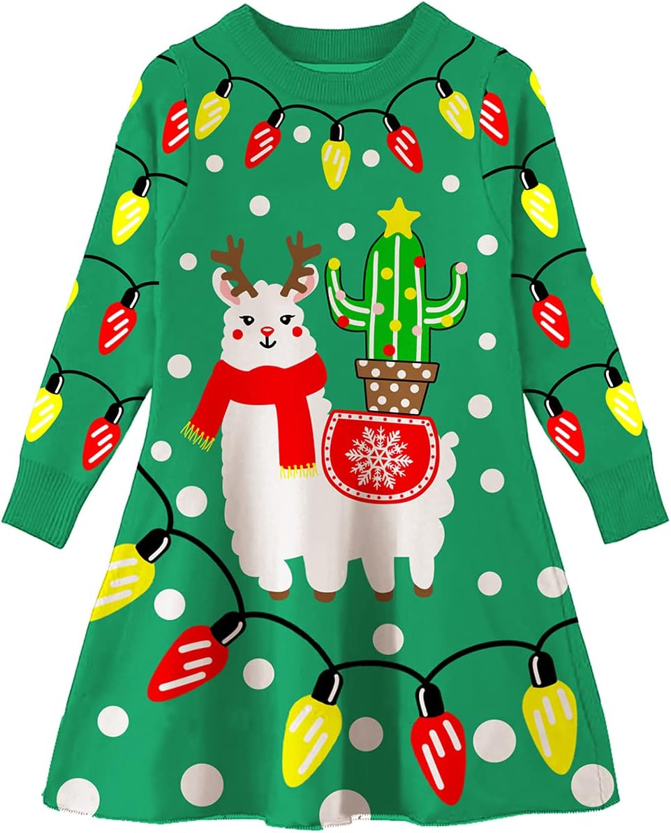 Little Girls Christmas Dress Xmas Knitted Sweater Dress Long Sleeve 2-11Y