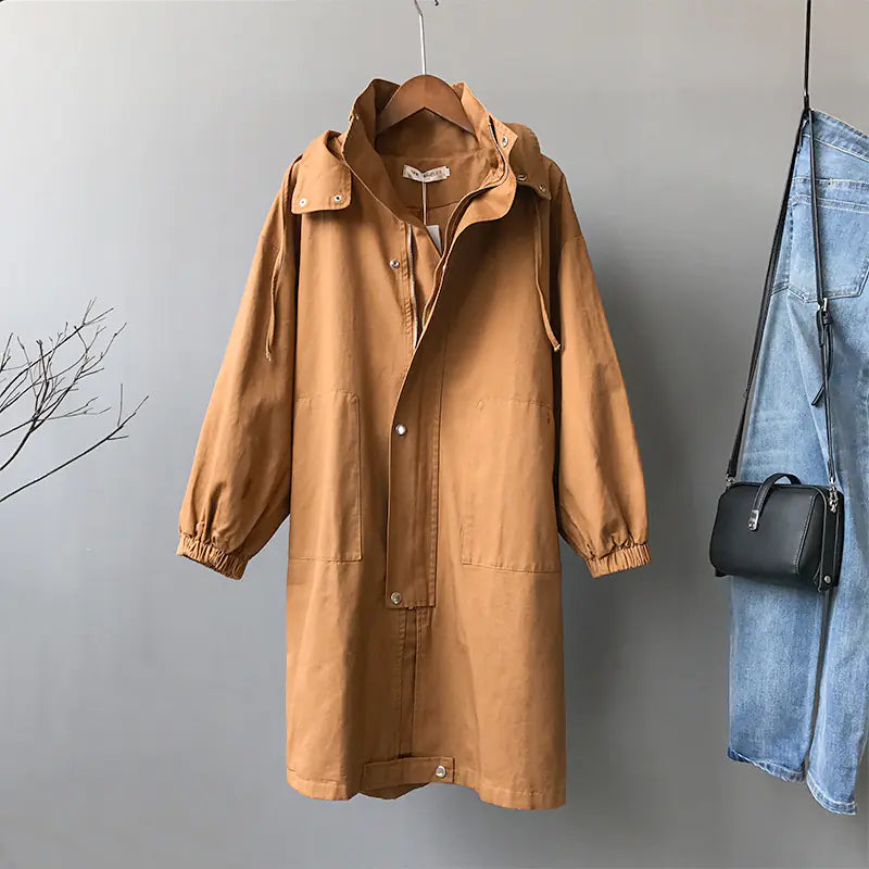 Women's Hooded Trench Coat - Mid-Length Casual Style