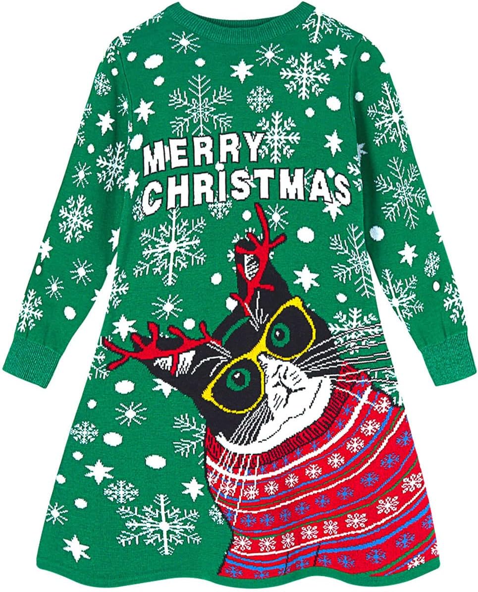 Little Girls Christmas Dress Xmas Knitted Sweater Dress Long Sleeve 2-11Y