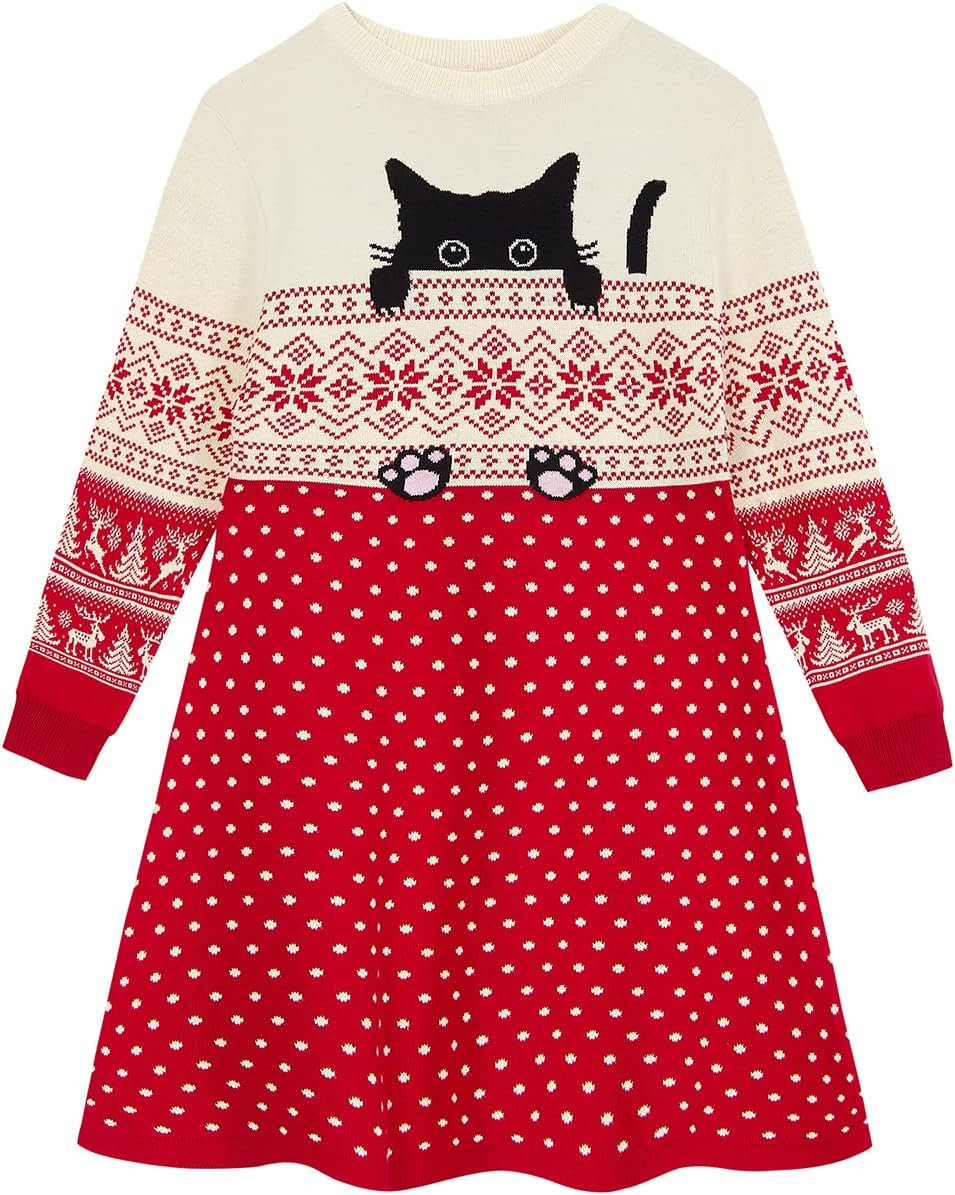 Little Girls Christmas Dress Xmas Knitted Sweater Dress Long Sleeve 2-11Y