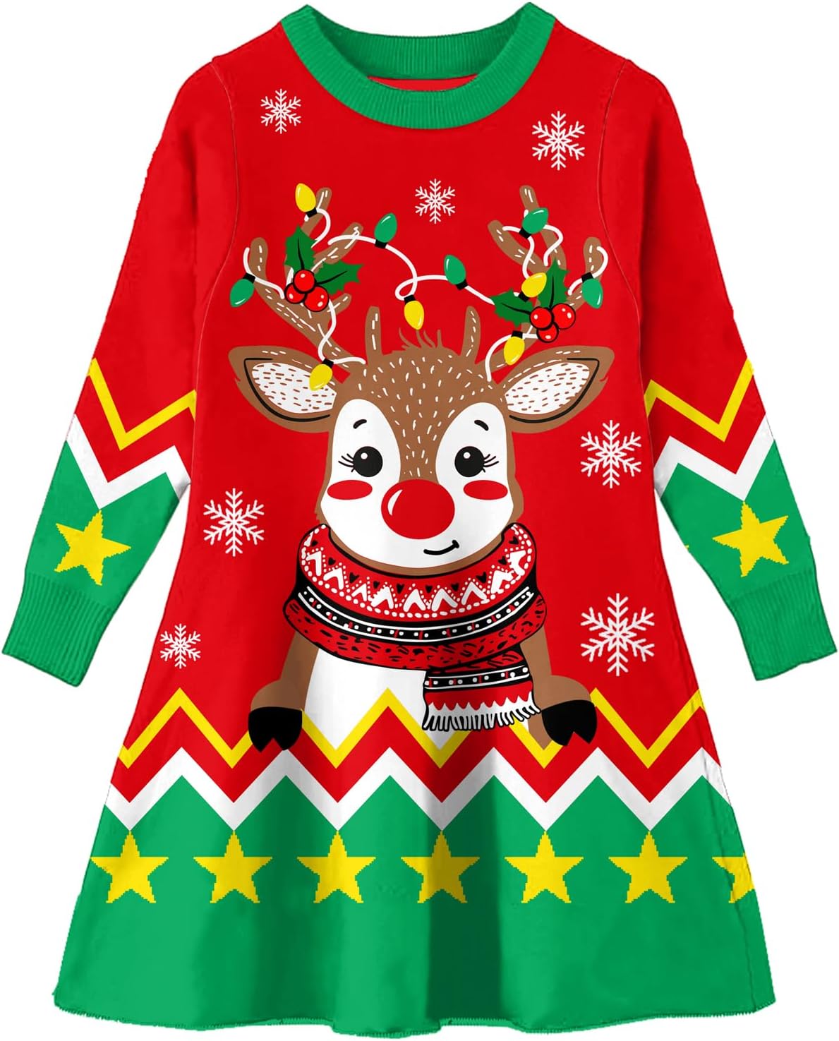 Little Girls Christmas Dress Xmas Knitted Sweater Dress Long Sleeve 2-11Y