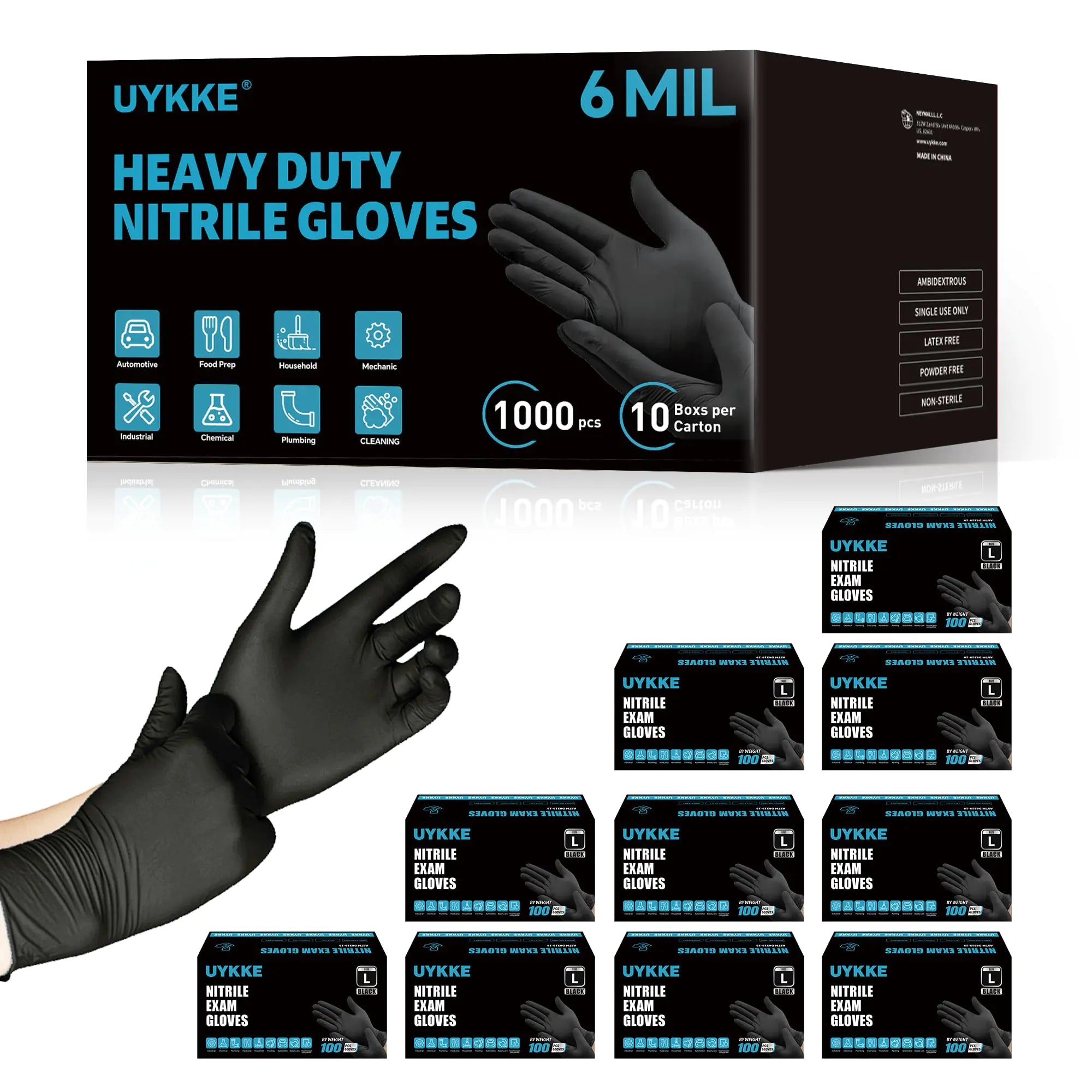 UYKKE Heavy Duty 6mil Black Nitrile Gloves Cleaning Gloves Latex Free Disposable Gloves Food Prep Mechanic Tattoo 1000pcs