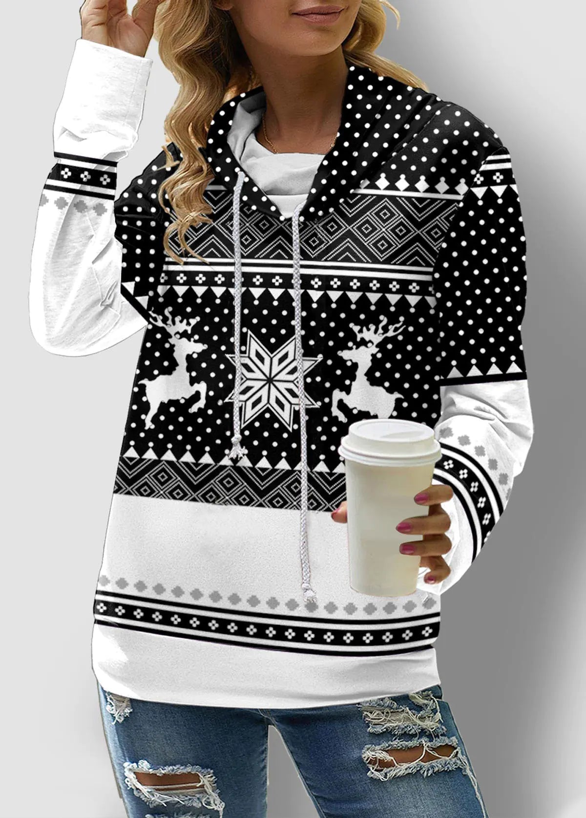 Check Printed Long Sleeve Turtleneck Sweatshirt for Women