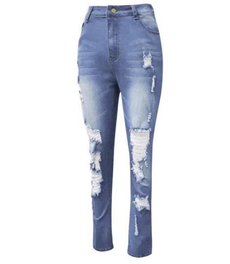 High Rise Distressed Skinny Jeans with Plicated Hem