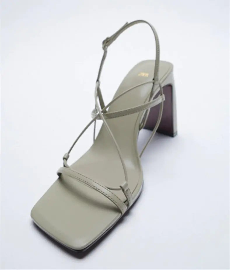Fashionable Leather High-Heeled Sandals with Thick Heel