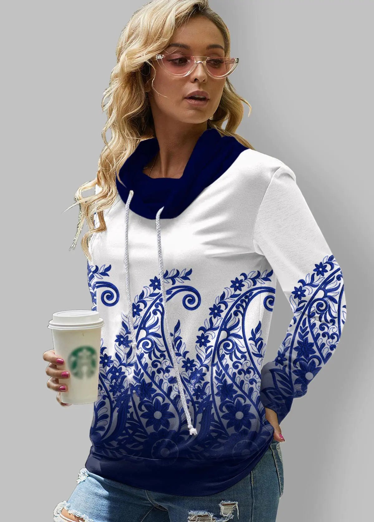 Check Printed Long Sleeve Turtleneck Sweatshirt for Women