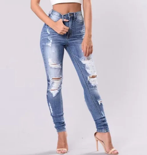 High Rise Distressed Skinny Jeans with Plicated Hem