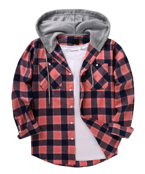 Men's Loose Hooded Plaid Long Sleeve Shirt Jacket