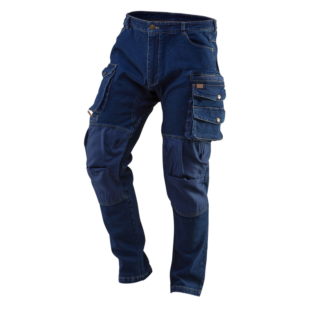 Farmer Munkásnadrág, DENIM, 98% pamut, térdvédő betét zsebbel, gombos oldalzsebekkel, 255 g/m2, több méretben