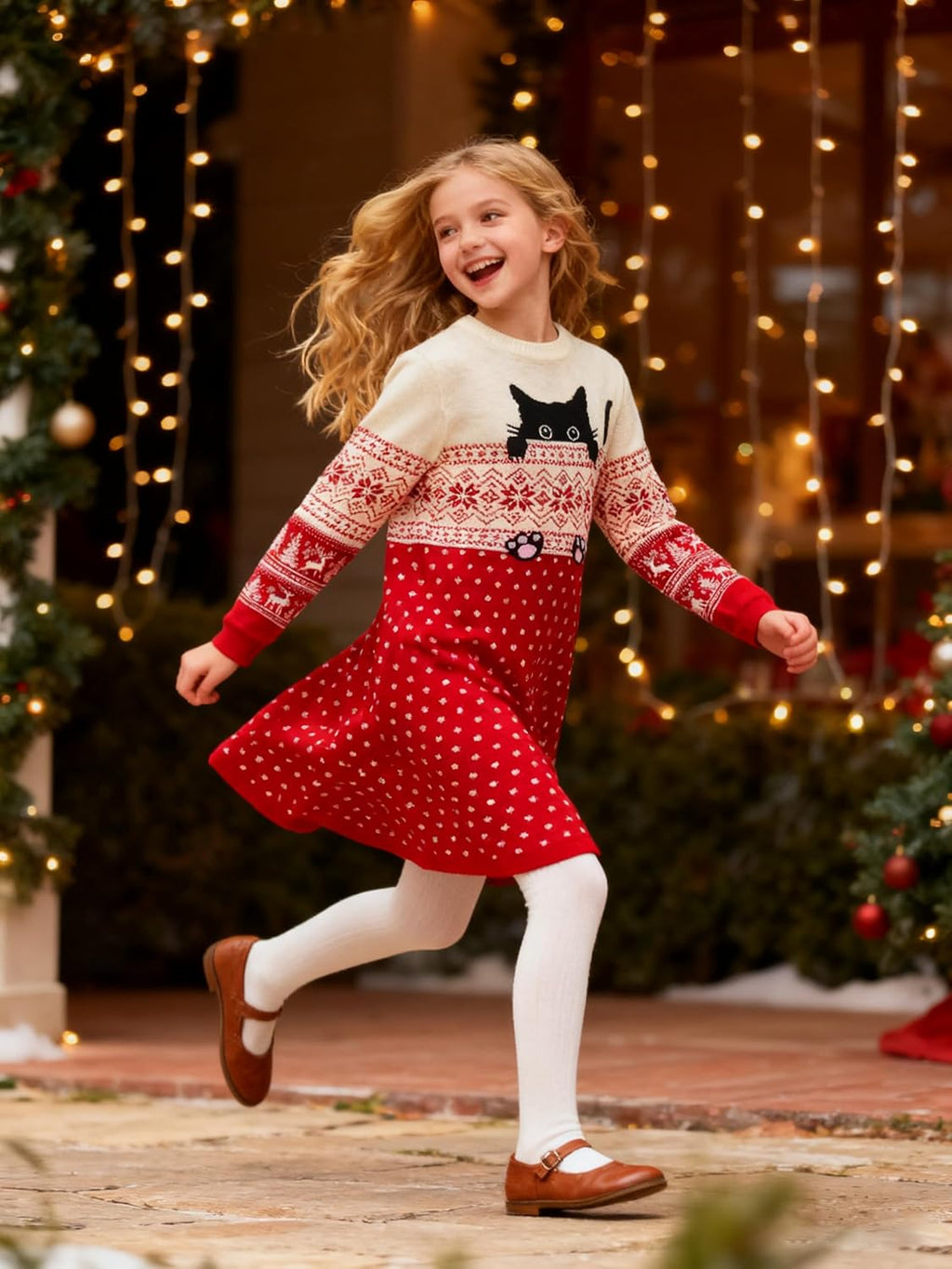 Little Girls Christmas Dress Xmas Knitted Sweater Dress Long Sleeve 2-11Y