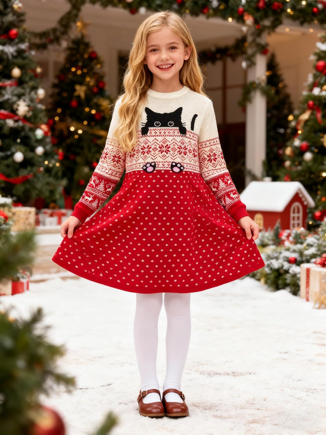 Little Girls Christmas Dress Xmas Knitted Sweater Dress Long Sleeve 2-11Y