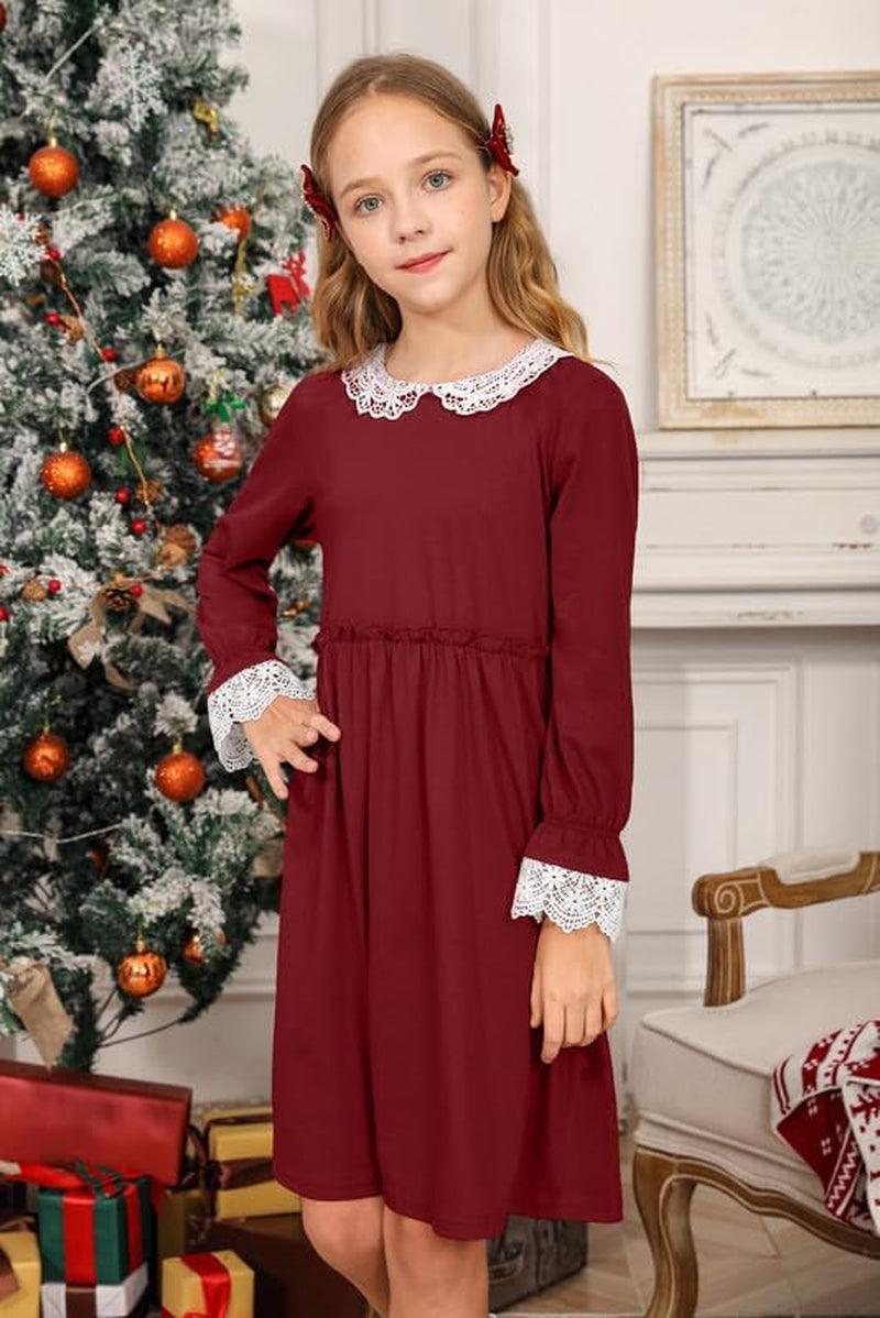 Girl'S Lace Peter Pan Collar Elastic Waist Long Sleeve Swing Dress 1-10 Years