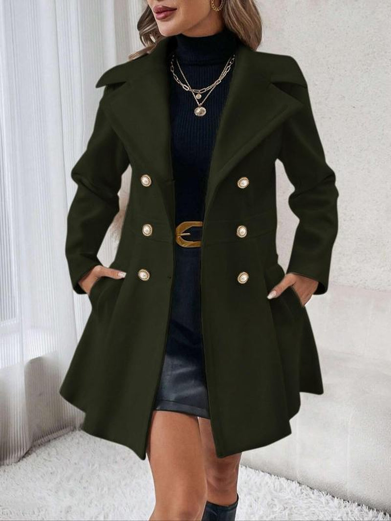 Women'S Solid Color Double Button Lapel Coat, Elegant Fashion Long Sleeve Pocket Design Coat for Daily Outdoor Wear, Women Clothing for Fall & Winter
