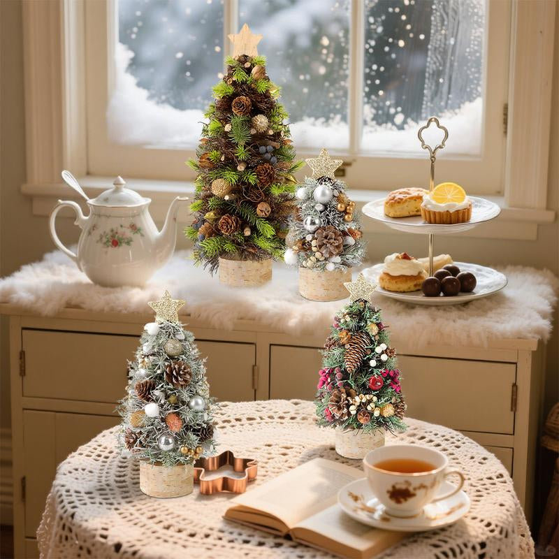 Mini Christmas Tree with Base Artificial Pine Tabletop Tree for Office Reception Window Display & Party Decor with Pinecones and Ornaments