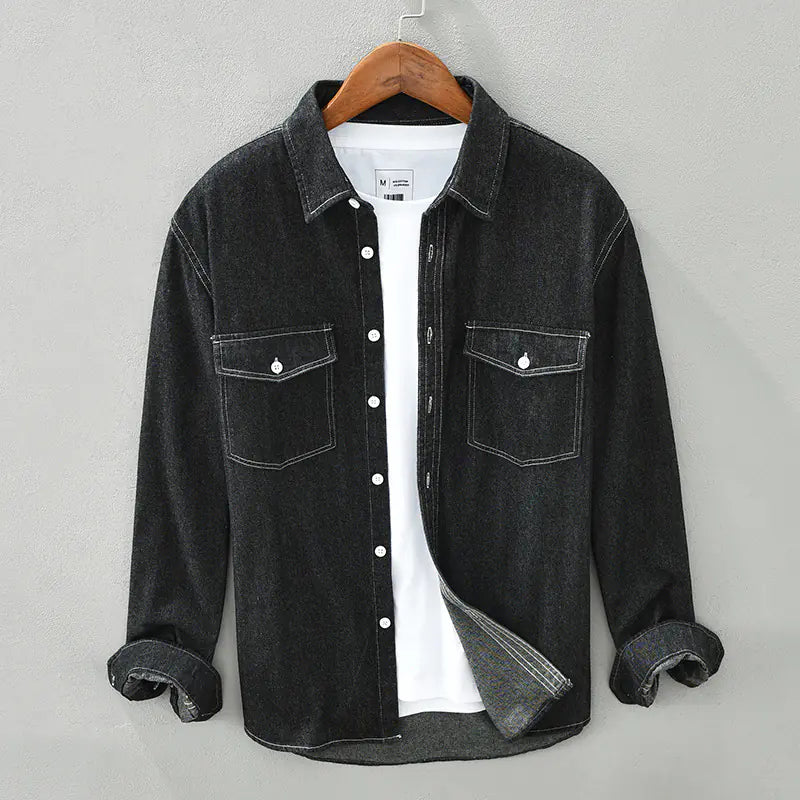 Men's Vintage Cotton Long Sleeve Denim Shirt with Pockets