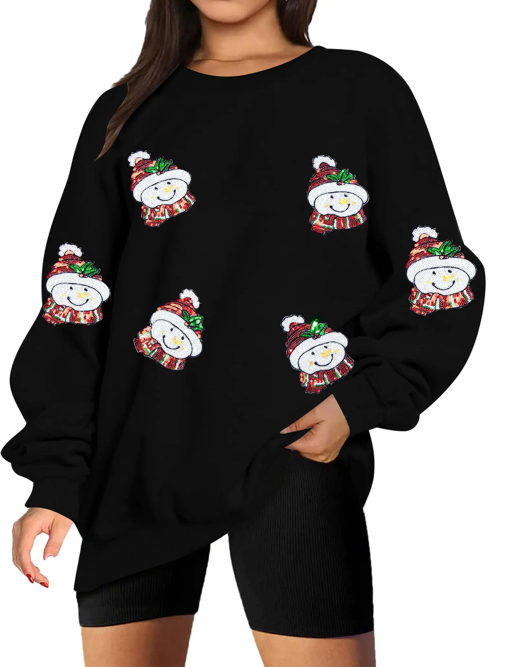 LUKYCILD Christmas Sweatshirts Women Sequin Christmas Sweatshirt Sparkly Santa Graphic Long Sleeve Crewneck Pullover Tops Black