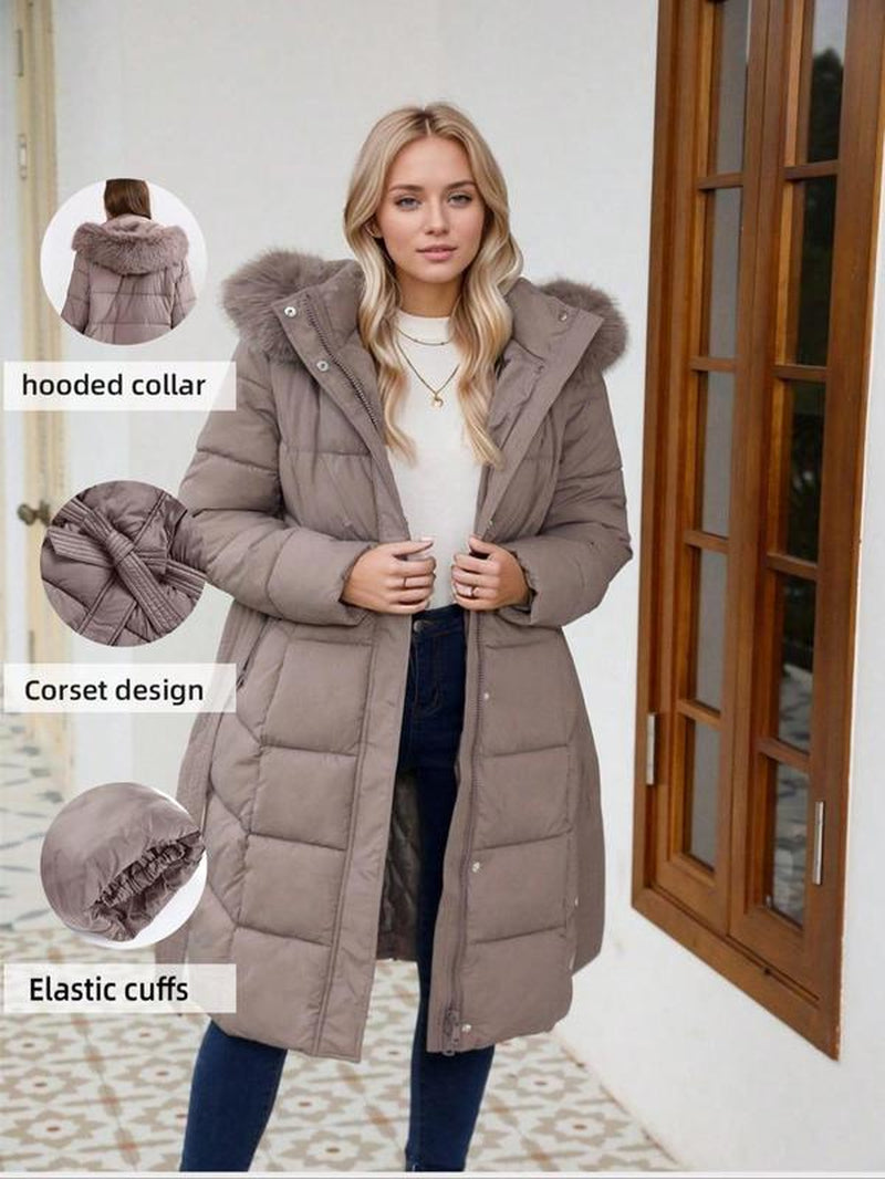 Women'S Fall Winter Hooded Jacket, Casual Fitted Warm Coat with Belt, Long Sleeve Thick Woven Fabric, Daily Wear Outerwear