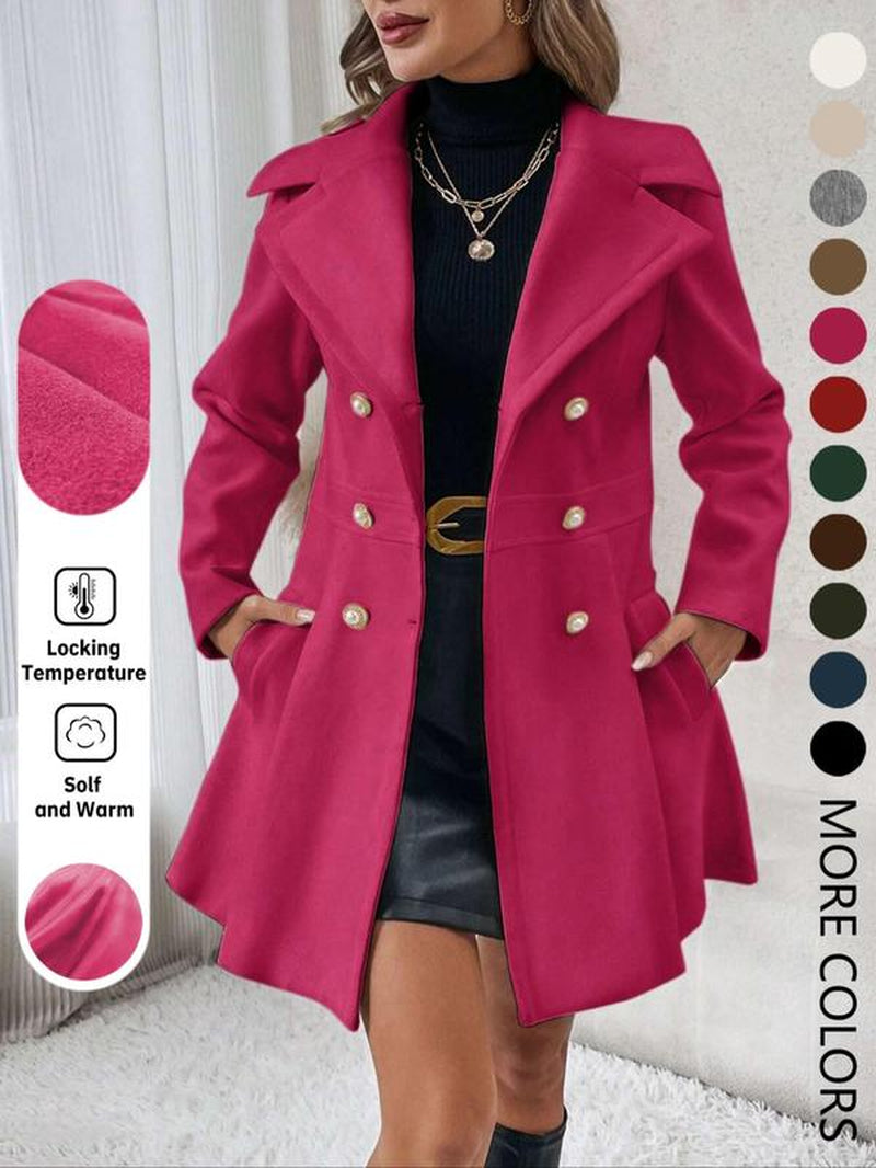 Women'S Solid Color Double Button Lapel Coat, Elegant Fashion Long Sleeve Pocket Design Coat for Daily Outdoor Wear, Women Clothing for Fall & Winter