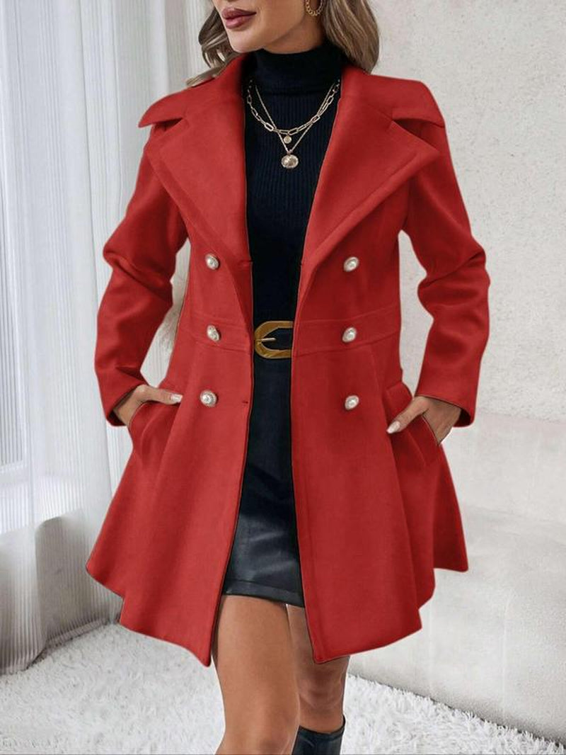 Women'S Solid Color Double Button Lapel Coat, Elegant Fashion Long Sleeve Pocket Design Coat for Daily Outdoor Wear, Women Clothing for Fall & Winter