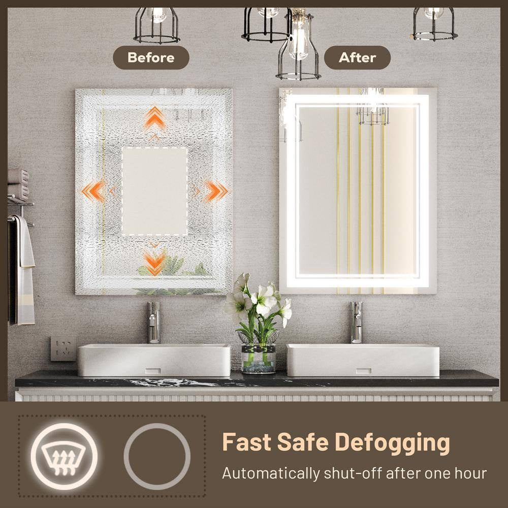 20 In. W X 28 In. H Rectangular Frameless Anti-Fog LED Wall Mount Bathroom Vanity Mirror Dimmable Super Bright