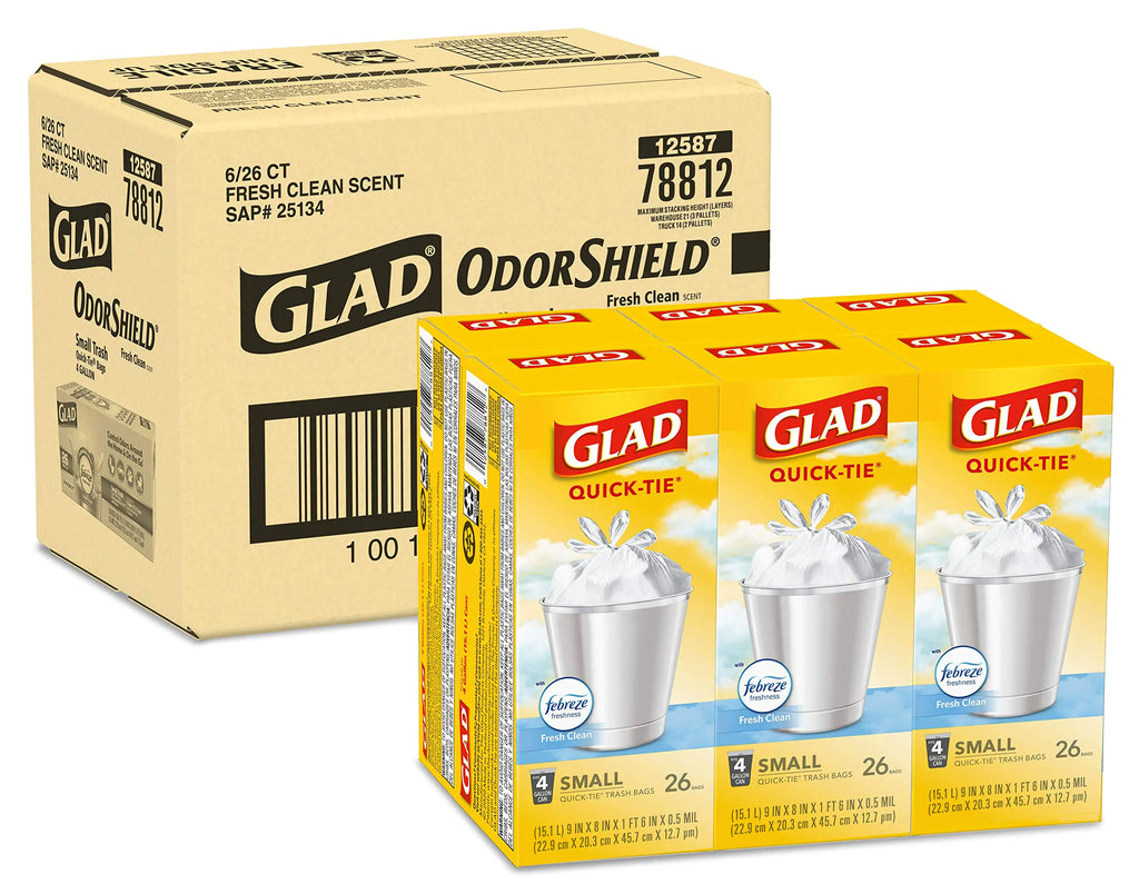 Glad Trash Bags Small Garbage Bags - OdorShield 4 Gallon White Trash Bag Gain Fresh Scent with Febreze - 26 Count (Pack of 6)