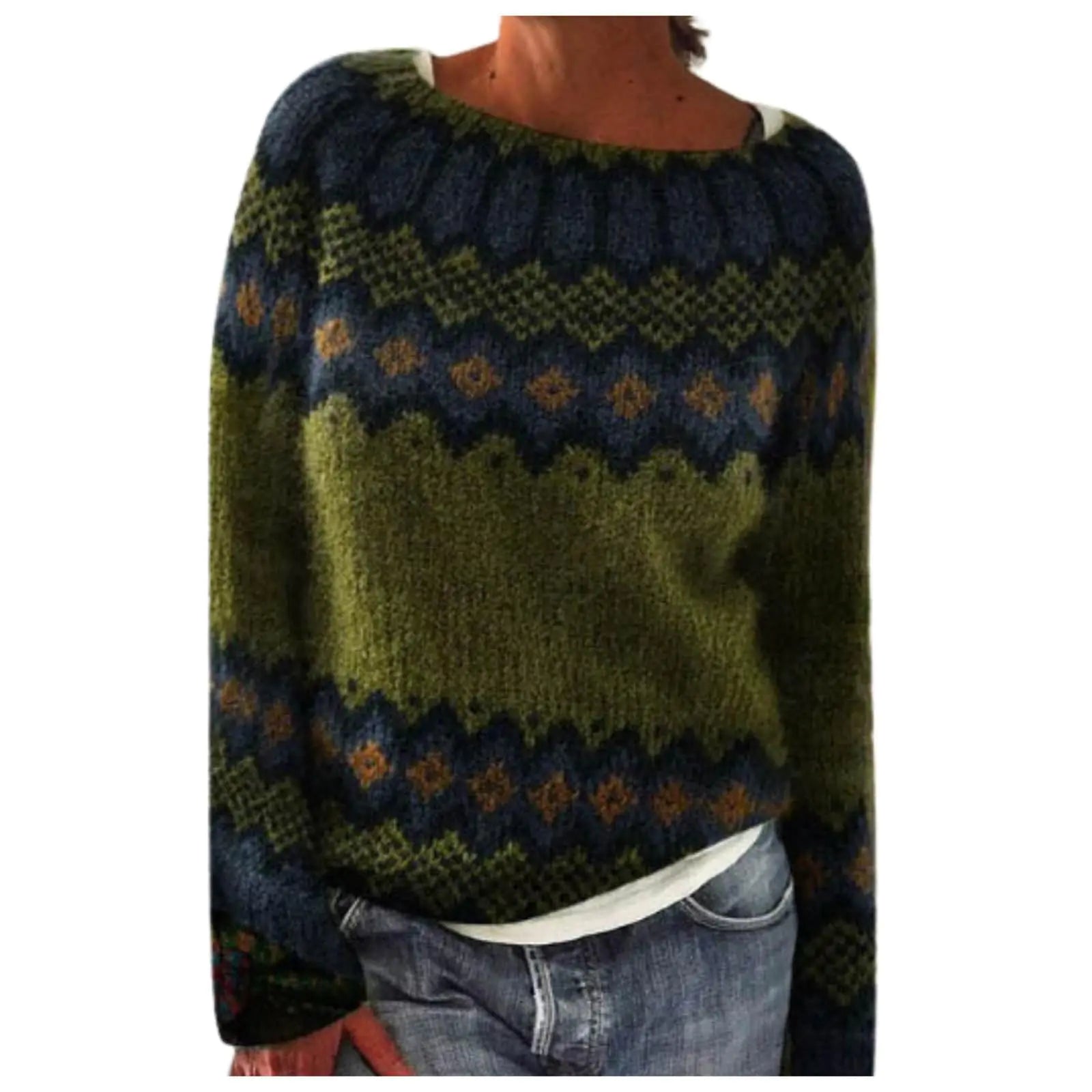 Fair Isle Knit Sweaters for Women Argyle Vintage Print Cashmere Pullover Long Sleeve Crewneck Striped Loose Sweater Top