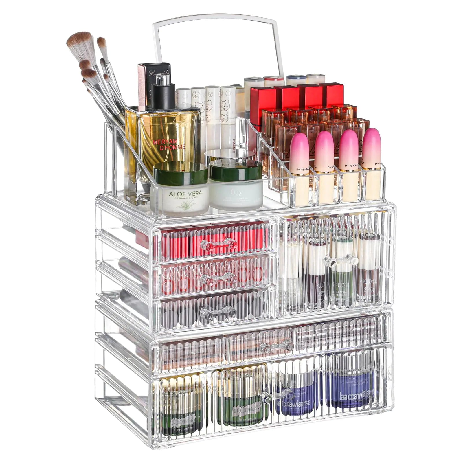 3 Pack Stackable Clear Make up Organizers for Vanity - WIth 6 drawers and 1 Removable Mirror- Hair Accessory and Cosmetic Storage Organizer for BeautyBrushLipstickMake up Holder Skincare Organizer