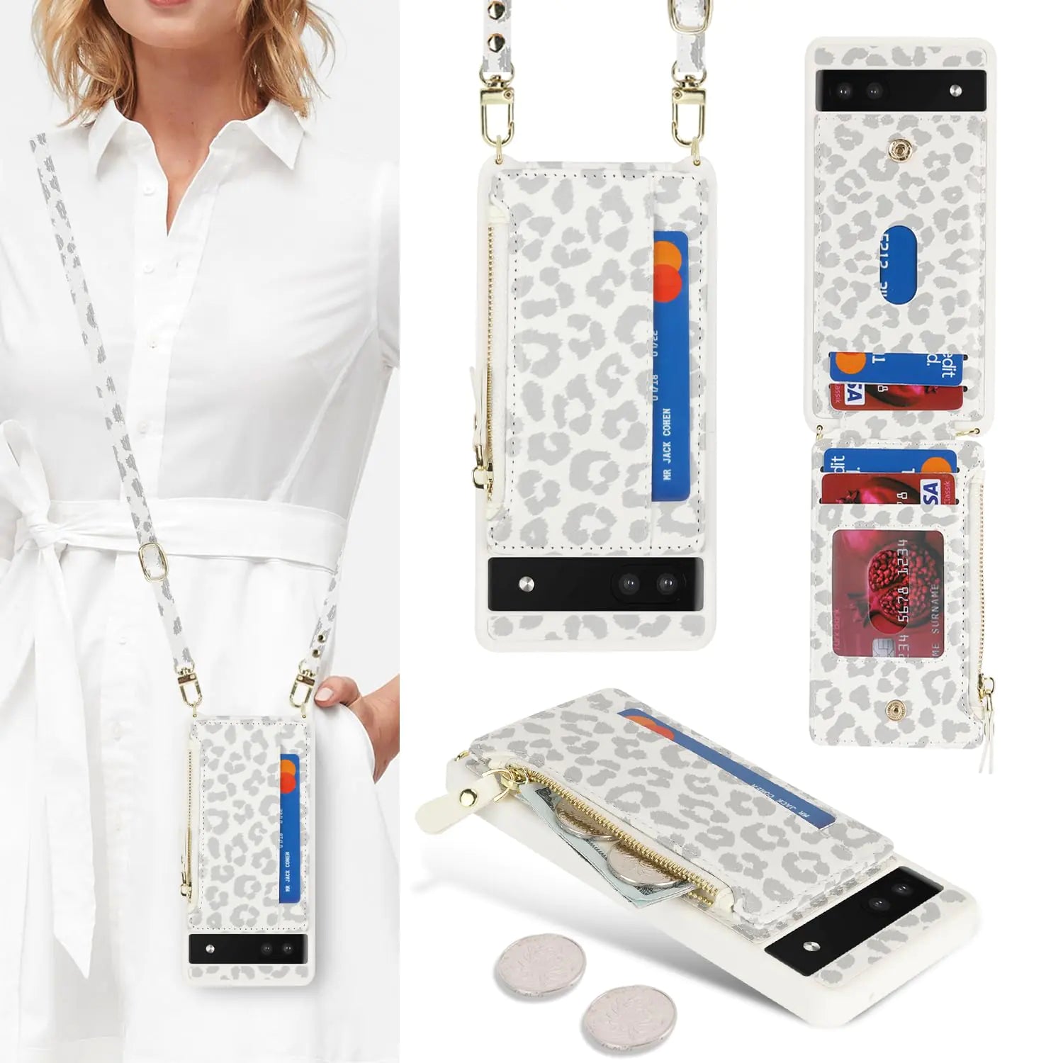 Cavor for Google Pixel 8 Case Wallet,Phone Case for Pixel 8 Crossbody Case with Strap,Pixel 8 Wallet Case for Women,Leather Zipper Pocket Card Holder Case-Cream